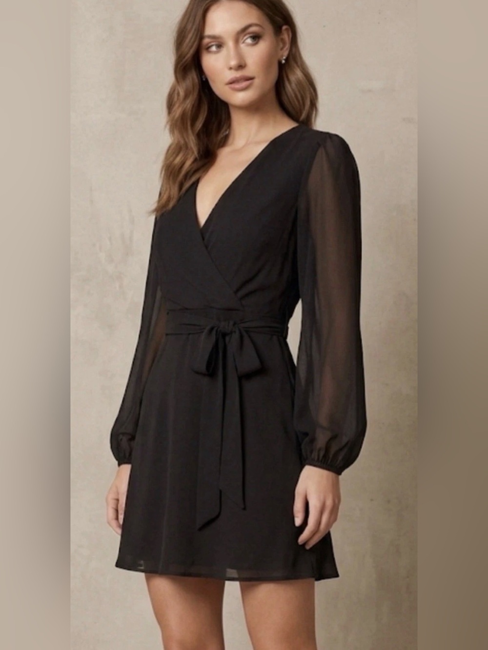 Black Long-Sleeve V-Neck Wrap Dress Holiday